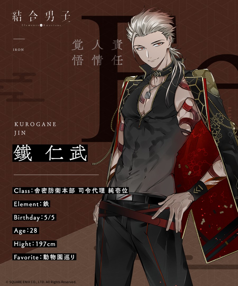 1boy belt black_belt black_pants brown_background chemical_element chemical_symbol full-body_tattoo hands_on_hips jewelry ketsugou_danshi:elements_with_emotions kurogane_jin looking_to_the_side necklace official_art orange_eyes pants personification pose square_enix tattoo white_hair zipper
