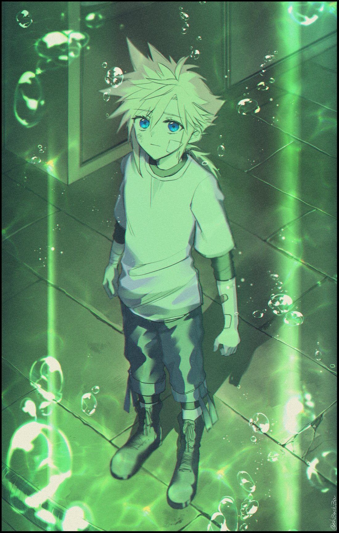 1boy aged_down bandage_on_face bandages bandaid bandaid_on_arm black_shirt blonde_hair blue_eyes boots brick_floor bubble cloud_strife final_fantasy final_fantasy_vii final_fantasy_vii_remake full_body hair_between_eyes highres layered_shirt looking_at_viewer low_ponytail male_child male_focus medium_hair shi3ashi3a shirt shorts solo spiky_hair standing t-shirt white_shirt