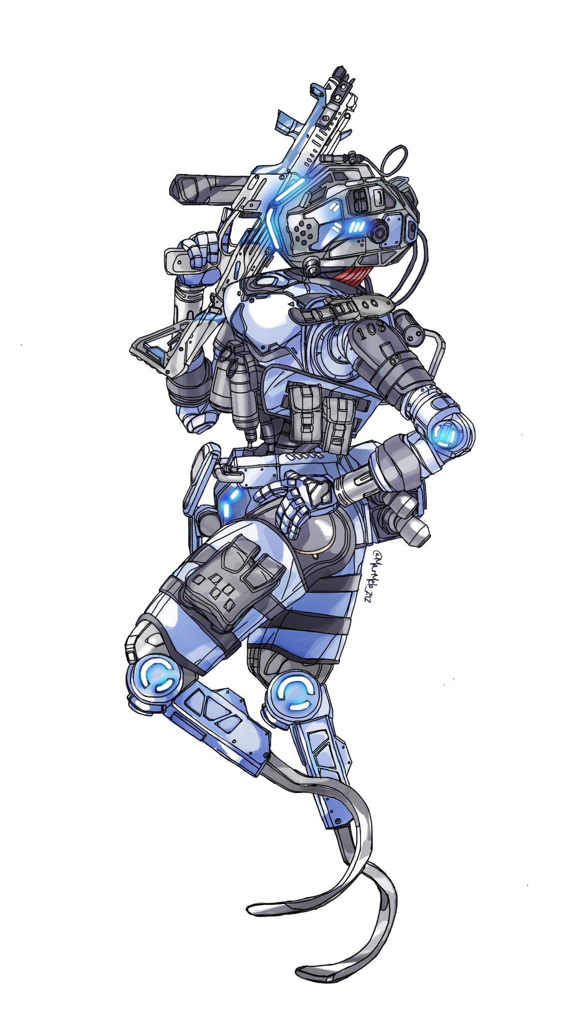 1girl breasts cable from_side glowing gun hand_on_hip highres holding holding_gun holding_weapon humanoid_robot kotone_a looking_ahead medium_breasts pilot_(titanfall_2) piston pouch profile r-97_smg simulacrum_(titanfall) solo stim_pilot_(titanfall_2) submachine_gun titanfall_(series) titanfall_2 trigger_discipline weapon white_background