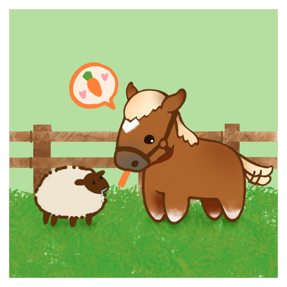 animal animal_focus artusagi border carrot chibi commentary eating grass green_background heart horse looking_at_another no_humans outdoors sheep simple_background speech_bubble taiki_shuttle_(racehorse) taiki_shuttle_(umamusume) tail tail_wagging umamusume white_border wooden_railing