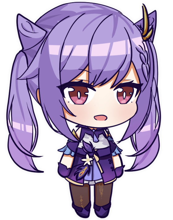 1girl :d azur_lane bangs chibi choker commentary cone_hair_bun detached_sleeves double_bun english_commentary essex_face full_moon genshin_impact gloves hair_between_eyes hair_bun hair_ornament keqing_(genshin_impact) long_hair looking_at_viewer moon parody purple_gloves purple_hair short_sleeves sidelocks simple_background smile solo standing style_parody svol transparent_background twintails violet_eyes