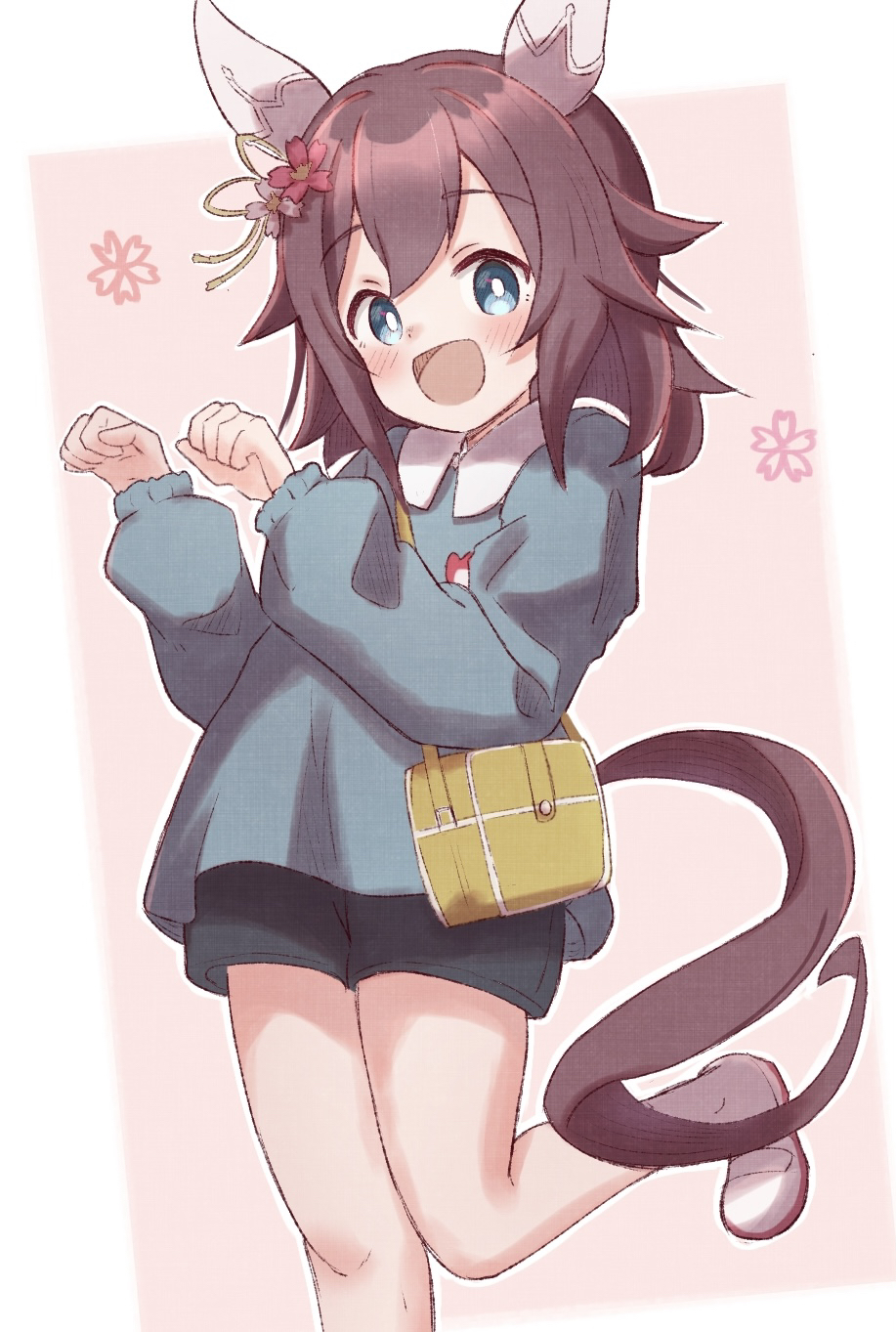 1girl :d alternate_costume animal_ears bag bangs black_shorts blue_eyes blue_shirt blush brown_hair collared_shirt commentary_request flower hair_between_eyes hair_flower hair_ornament hands_up highres horse_ears horse_girl horse_tail kindergarten_bag kindergarten_uniform long_sleeves looking_at_viewer paw_pose pink_background puffy_long_sleeves puffy_sleeves red_flower sakura_chiyono_o_(umamusume) shirt shoes short_shorts shorts smile socks solo standing standing_on_one_leg sunanuko_(ramuneko) tail two-tone_background umamusume uwabaki white_background white_flower white_footwear white_socks