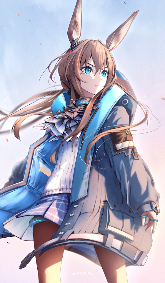 1girl amiya_(arknights) animal_ears arknights ascot black_jacket black_pantyhose blue_ascot blue_collar blue_skirt blue_sky brown_hair collar cowboy_shot floating_hair jacket jewelry long_hair long_sleeves neck_ring open_clothes open_jacket outdoors pantyhose plaid plaid_skirt rabbit_ears rabbit_girl shirt skirt sky solo sunlight thighlet v-shaped_eyebrows very_long_hair white_shirt yokaze_(yokajie)