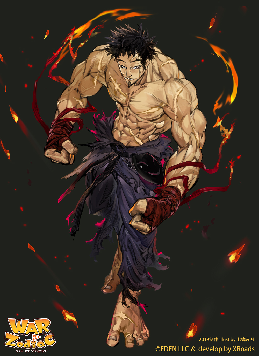 1boy barefoot biceps cross_scar facial_hair fiery_clothing goatee highres large_feet large_hands large_pectorals male_focus mature_male muscular muscular_male nanase_miri obliques official_art pants pectorals scar scar_across_eye scar_on_arm scar_on_back scar_on_cheek scar_on_chest scar_on_face scar_on_forehead scar_on_stomach short_hair solo spiky_hair topless_male torn_clothes torn_pants war_of_zodiac