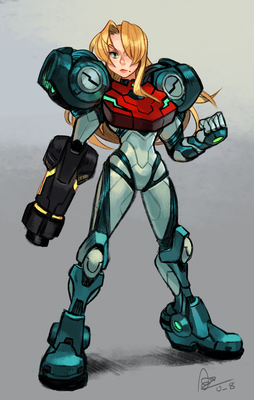 1girl alex_ahad arm_cannon blonde_hair clenched_hand full_body grey_background hair_over_one_eye highres looking_at_viewer metroid metroid_dread mole mole_under_mouth narrow_waist power_armor samus_aran solo standing weapon