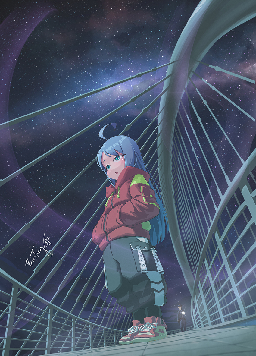 1boy 1girl ahoge baggy_pants blue_eyes blue_hair bosstseng chinese_commentary commentary_request dutch_angle flashlight from_below full_body hands_in_pockets jacket night night_sky original pants petite railing red_jacket security_guard shoes signature sky sneakers star_(sky) starry_sky