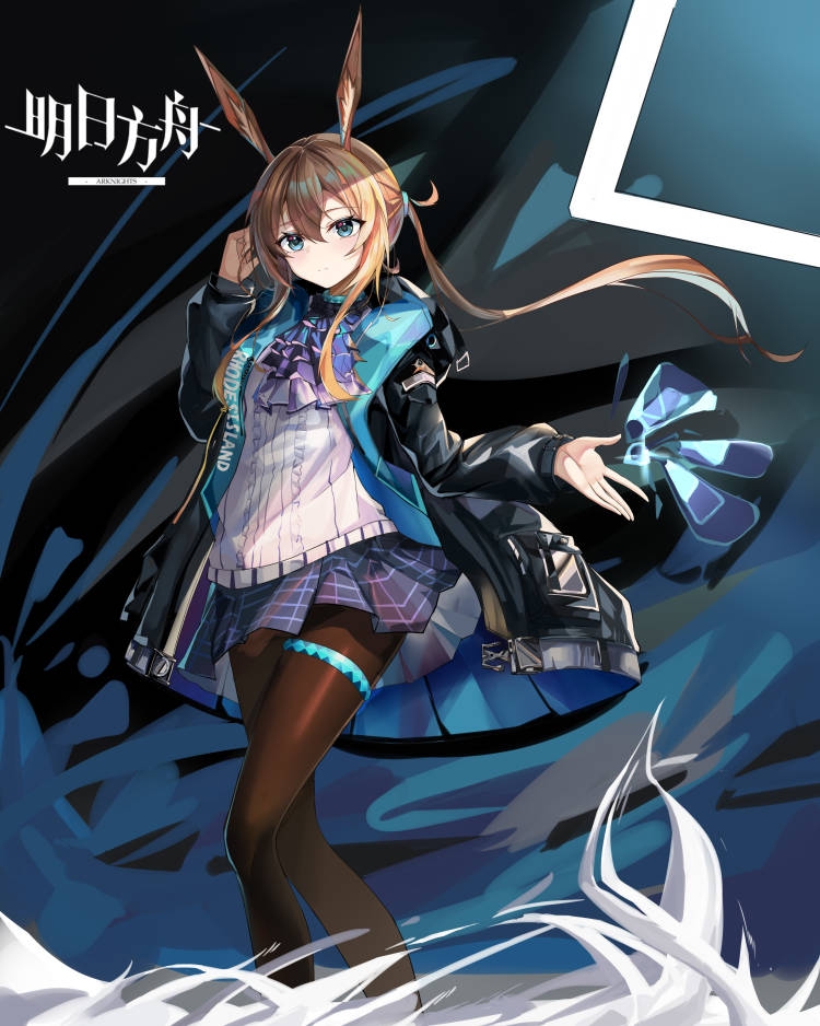 1girl amiya_(arknights) animal_ears arknights ascot black_jacket black_pantyhose blue_ascot blue_collar blue_eyes blue_skirt brown_hair collar feet_out_of_frame hair_between_eyes hand_up jacket jewelry long_sleeves looking_at_viewer neck_ring open_clothes open_jacket pantyhose plaid plaid_skirt ponytail rabbit_ears rabbit_girl shirt sidelocks skirt smile solo thighlet white_shirt xinlaily