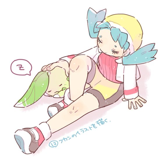 1girl black_shorts blue_hair chikorita closed_mouth from_above hat jacket katiko kris_(pokemon) long_sleeves multicolored_footwear no_nose open_clothes open_jacket pokemon pokemon_(creature) pokemon_(game) pokemon_gsc red_shirt ribbed_shirt shirt shoes shorts sitting smile spoken_zzz twintails two-tone_shorts white_jacket yellow_headwear yellow_shorts zzz