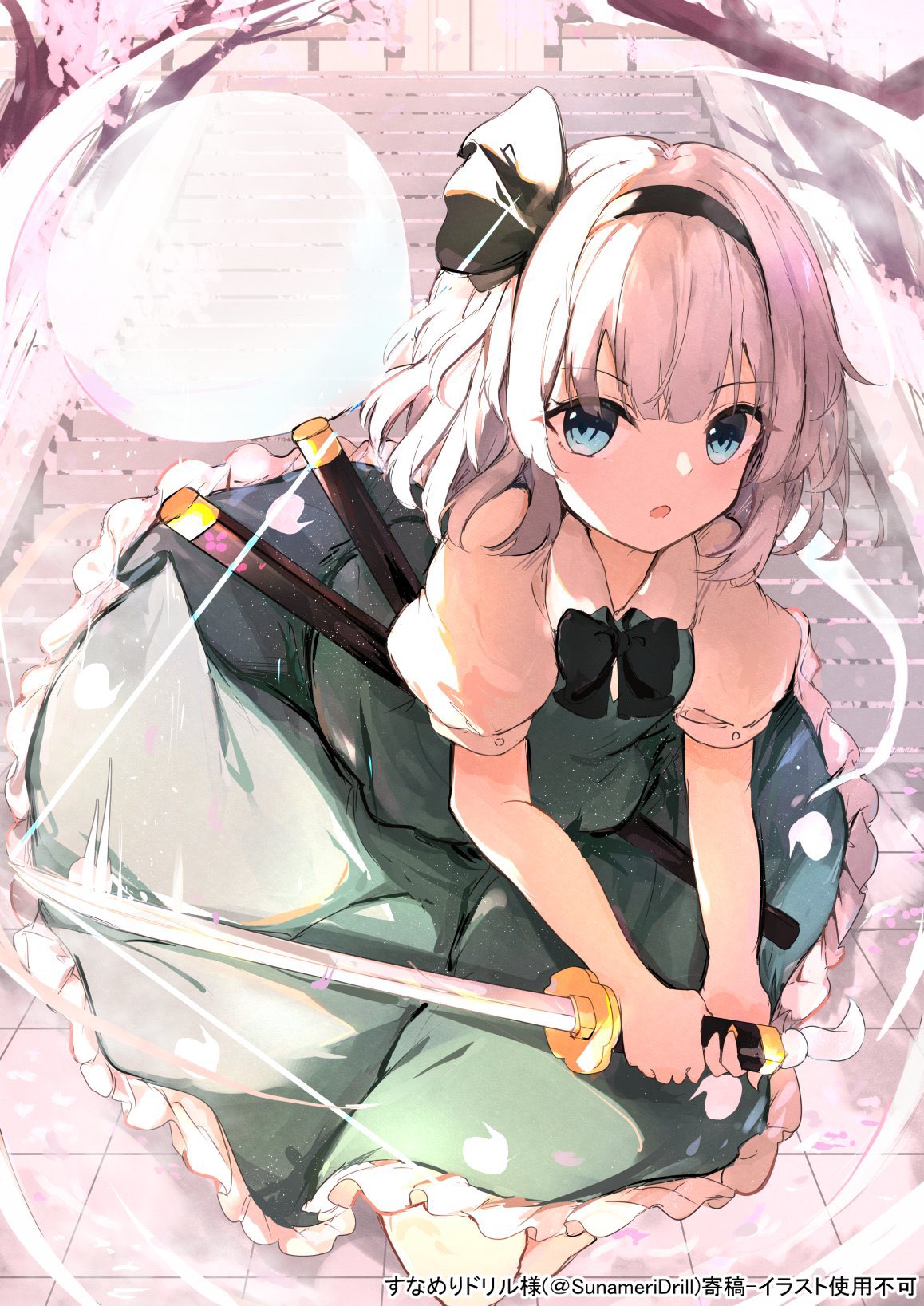 1girl bangs black_bow black_bowtie black_hairband black_ribbon blue_eyes bow bowtie branch breasts cherry_blossoms collared_shirt fence frills ghost ghost_print gradient gradient_sky green_skirt green_vest grey_hair hair_between_eyes hairband hakugyokurou highres hitodama hitodama_print holding holding_weapon hunya katana konpaku_youmu konpaku_youmu_(ghost) looking_at_viewer medium_breasts open_mouth outdoors pink_sky puffy_short_sleeves puffy_sleeves ribbon shirt short_hair short_sleeves skirt skirt_set sky solo stairs sword touhou tree v-shaped_eyebrows vest weapon white_shirt yellow_sky