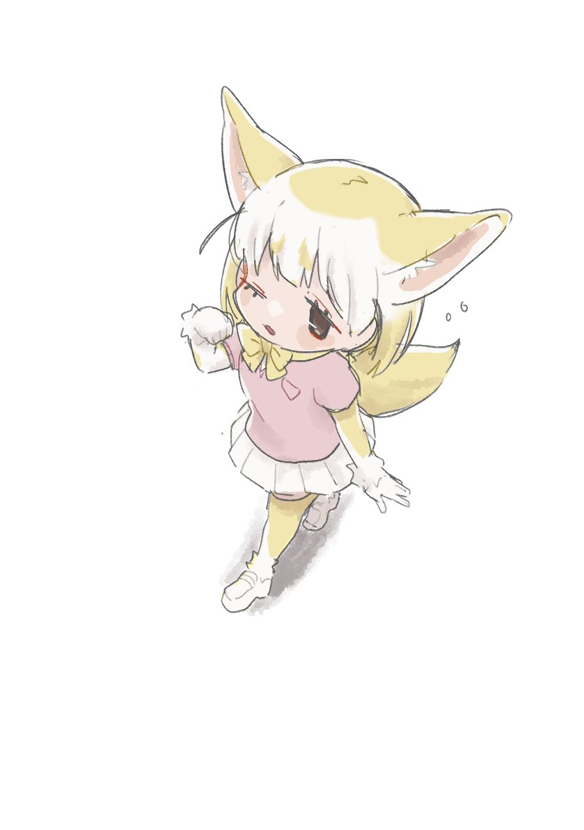 1girl 54_3nu animal_ears blonde_hair blush bow bowtie brown_eyes commentary elbow_gloves extra_ears fennec_(kemono_friends) fox_ears fox_girl fox_tail from_above fur_trim gloves kemono_friends loafers multicolored_hair one_eye_closed pink_sweater pleated_skirt puffy_short_sleeves puffy_sleeves shoes short_hair short_sleeves skirt solo sweater symbol-only_commentary tail thigh-highs white_footwear white_hair white_skirt yellow_bow yellow_bowtie yellow_gloves yellow_thighhighs zettai_ryouiki