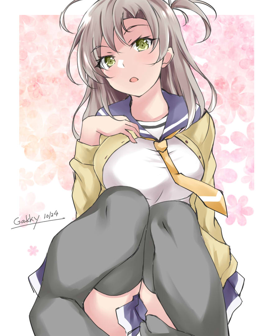 1girl cardigan gakky grey_hair grey_necktie hair_tie kantai_collection kinugasa_(kancolle) kinugasa_kai_ni_(kancolle) looking_at_viewer medium_hair necktie official_alternate_costume one-hour_drawing_challenge one_side_up pleated_skirt purple_sailor_collar purple_skirt sailor_collar sitting skirt solo yellow_cardigan yellow_necktie