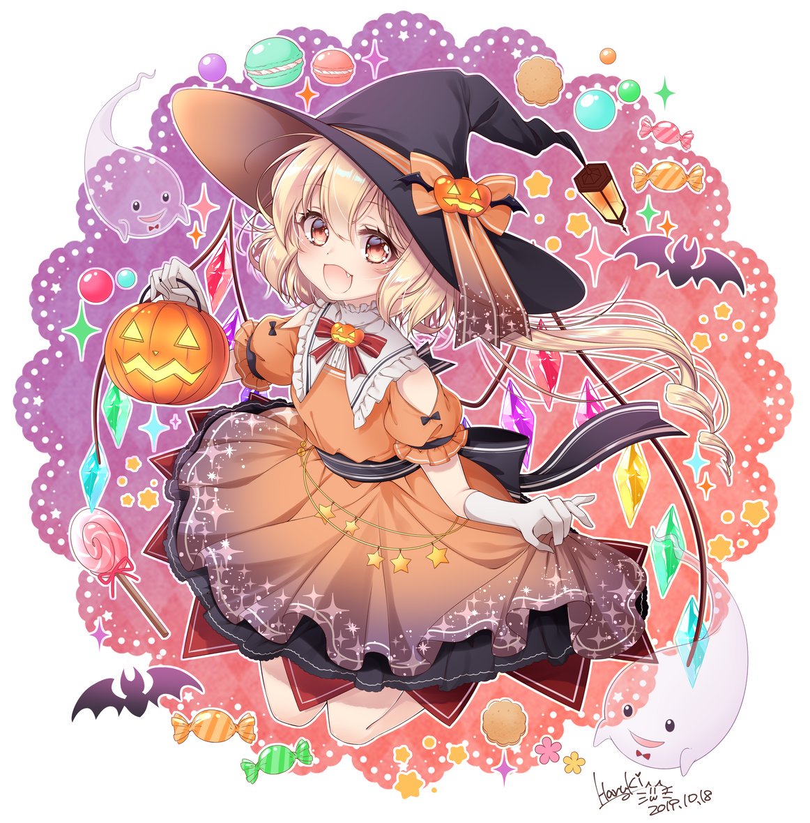 1girl animal_ears artist_name bangs bat_(animal) belly_chain black_headwear blonde_hair bob_cut bow candy clothing_cutout collared_dress cookie crystal dated dress fang flandre_scarlet floating food frilled_sleeves frills ghost gloves halloween halloween_bucket halloween_costume haruki_(colorful_macaron) hat hat_bow hat_ornament holding jack-o'-lantern_hat_ornament jack-o'-lantern_ornament jawbreakers jewelry legs_up lollipop long_hair looking_at_viewer macaron medium_dress neck_ribbon open_mouth orange_bow orange_dress puffy_short_sleeves puffy_sleeves red_eyes red_ribbon ribbon short_sleeves shoulder_cutout signature skirt_hold smile solo star_(symbol) touhou white_gloves wings witch_hat