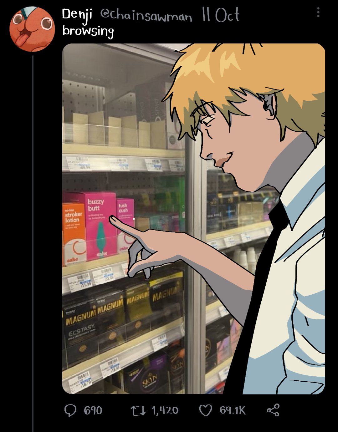 1boy black_necktie blonde_hair butt_plug chainsaw chainsaw_man collared_shirt comedy condom denji_(chainsaw_man) highres hijinkiewinkies looking_at_object looking_at_viewer looking_to_the_side lube necktie pochita_(chainsaw_man) sex_toy shirt shop short_hair smile solo_focus tongue tongue_out tweet twitter white_shirt