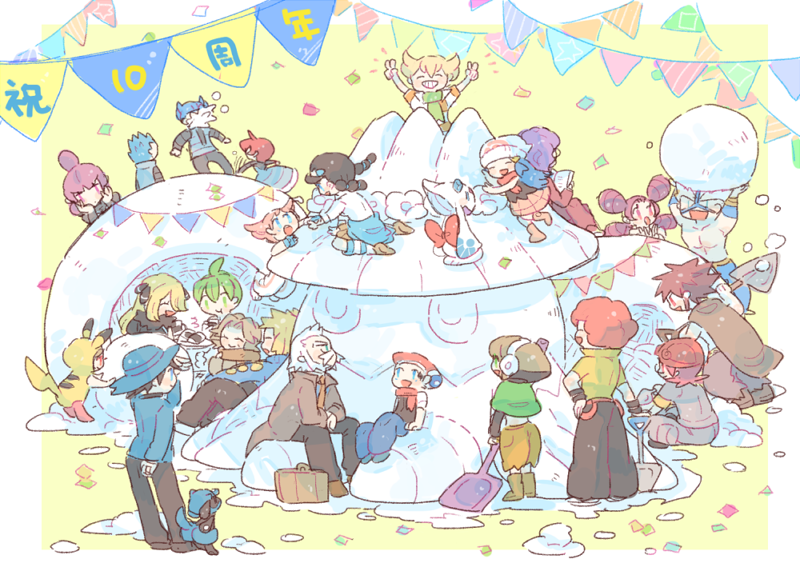 6+boys 6+girls :d ^_^ aaron_(pokemon) afro ahoge anniversary arms_up barefoot barry_(pokemon) beanie beret bertha_(pokemon) black_footwear black_hair black_pants blonde_hair blue_eyes blue_footwear blue_gloves blue_hair blue_headwear boots briefcase brown_cape brown_footwear brown_hair brown_scarf byron_(pokemon) candice_(pokemon) cape capelet capri_pants closed_eyes clothes_around_waist confetti cosplay crasher_wake cynthia_(pokemon) cyrus_(pokemon) double_v earmuffs facial_hair fantina_(pokemon) father_and_son flint_(pokemon) food froslass gardenia_(pokemon) garland_(decoration) gloves green_capelet green_eyes grey_hair hair_over_one_eye hardhat hat helmet hikari_(pokemon) holding holding_shovel igloo in_the_face jacket jacket_around_waist jupiter_(pokemon) katiko long_hair long_sleeves loose_socks lucas_(pokemon) lucian_(pokemon) mars_(pokemon) maylene_(pokemon) miniskirt multicolored_hair multiple_boys multiple_girls mustache no_nose old old_man old_woman onigiri open_mouth orange_pants pants pikachu pikachu_(cosplay) pink_eyes pink_hair pink_scarf pink_skirt poke_kid_(pokemon) pokemon pokemon_(creature) pokemon_(game) pokemon_dppt purple_hair red_headwear red_scarf redhead riley_(pokemon) riolu roark_(pokemon) rowan_(pokemon) saturn_(pokemon) scarf shirt short_hair shovel single_vertical_stripe sitting skirt smile snorunt snow snow_shelter snowball socks standing striped striped_socks team_galactic two-tone_hair v volkner_(pokemon) white_pants white_shirt yellow_shirt