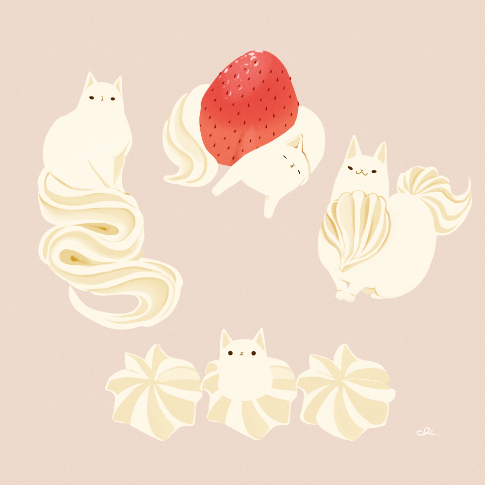 animal cat chai_(drawingchisanne) cream dessert food food-themed_creature food_focus fruit grey_background no_humans original simple_background strawberry whipped_cream