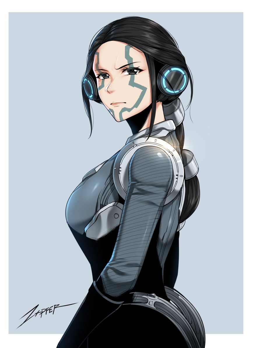 1girl arms_at_sides artist_name black_eyes black_hair bodysuit breasts facial_mark from_side frown gradient gradient_background hair_ornament long_hair looking_at_viewer ponytail sideboob signature simple_background solo turning_head vala_glarios warframe zxpfer
