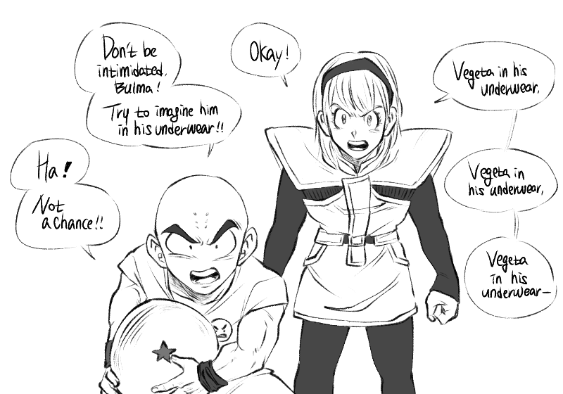 1boy 1girl bald ball bulma clenched_hands dragon_ball dragon_ball_(object) dragon_ball_z english_text facial_mark forehead_mark greyscale hairband holding holding_ball jorongbak kuririn leggings miniskirt monochrome muscular muscular_male open_mouth skirt sleeves_past_wrists v-shaped_eyebrows