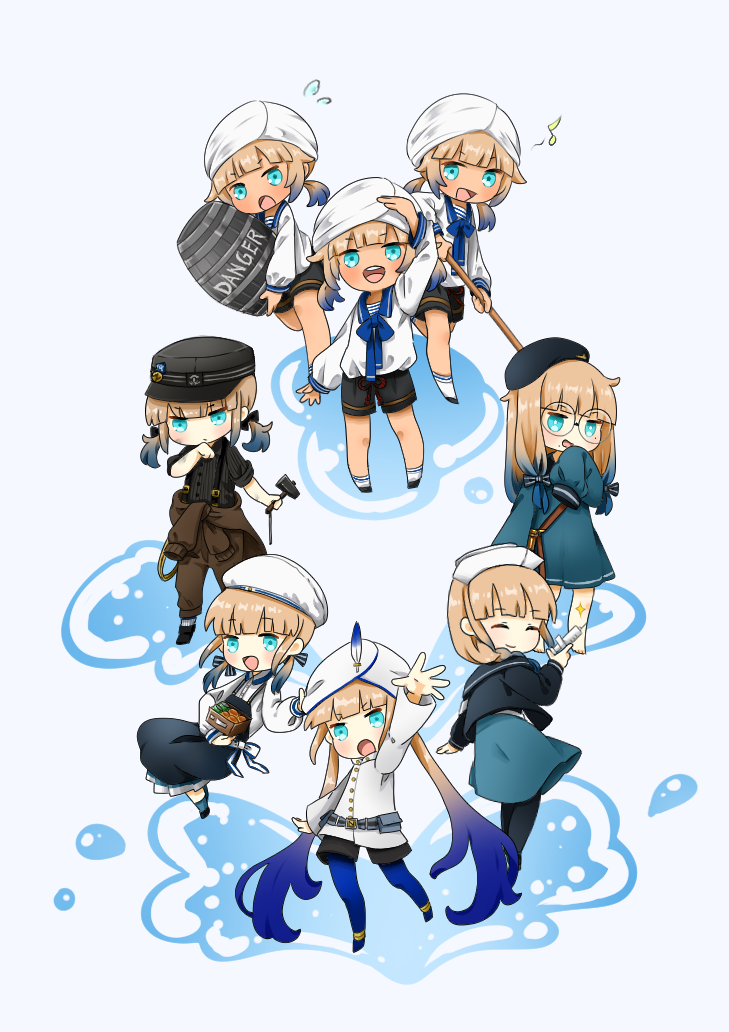 4boys 4girls bag baker_nemo_(fate) barefoot barrel beret black_headwear black_shirt black_shorts blonde_hair blue_dress blue_eyes blue_pantyhose blue_skirt broom brown_jumpsuit captain_nemo_(fate) carrying chef_hat chibi closed_eyes covering_mouth dress engineer_nemo_(fate) fate/grand_order fate_(series) flying_sweatdrops glasses hair_ribbon hammer hand_over_own_mouth hat holding holding_broom holding_syringe jumpsuit jumpsuit_around_waist low_twintails ma0x0o marine_nemo_(fate) military_hat multicolored_hair multiple_boys multiple_girls musical_note nemo_(fate) nurse nurse_cap nurse_nemo_(fate) open_mouth pantyhose professor_nemo_(fate) puddle ribbon salute shirt shorts shoulder_bag simple_background skirt sleeves_rolled_up smile smug socks streaked_hair suspenders syringe turban twintails very_long_sleeves water white_background white_headwear white_socks
