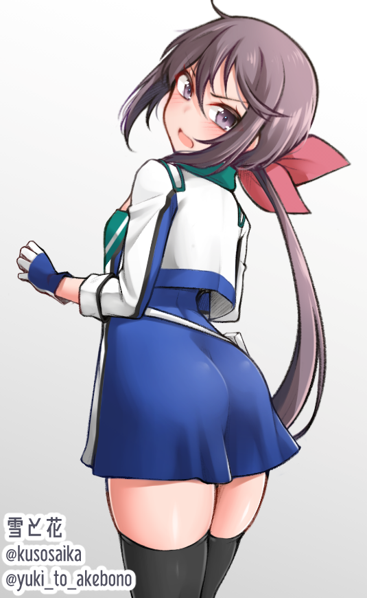 1girl akebono_(kancolle) blue_dress commentary_request cowboy_shot cropped_jacket dress from_behind gloves gradient gradient_background grey_eyes grey_hair hair_ribbon jacket kantai_collection long_hair looking_at_viewer looking_back multicolored_clothes multicolored_gloves official_alternate_costume racequeen ribbon side_ponytail solo very_long_hair white_jacket yuki_to_hana