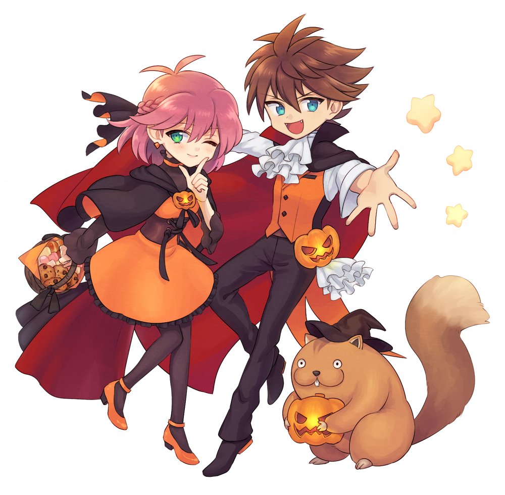 1boy 1girl animal blue_eyes breasts brown_hair butz_klauser cape closed_mouth dress final_fantasy final_fantasy_v full_body green_eyes halloween jack-o'-lantern jewelry lenna_charlotte_tycoon looking_at_viewer negitoro_now one_eye_closed open_mouth pantyhose pink_hair short_hair simple_background smile white_background