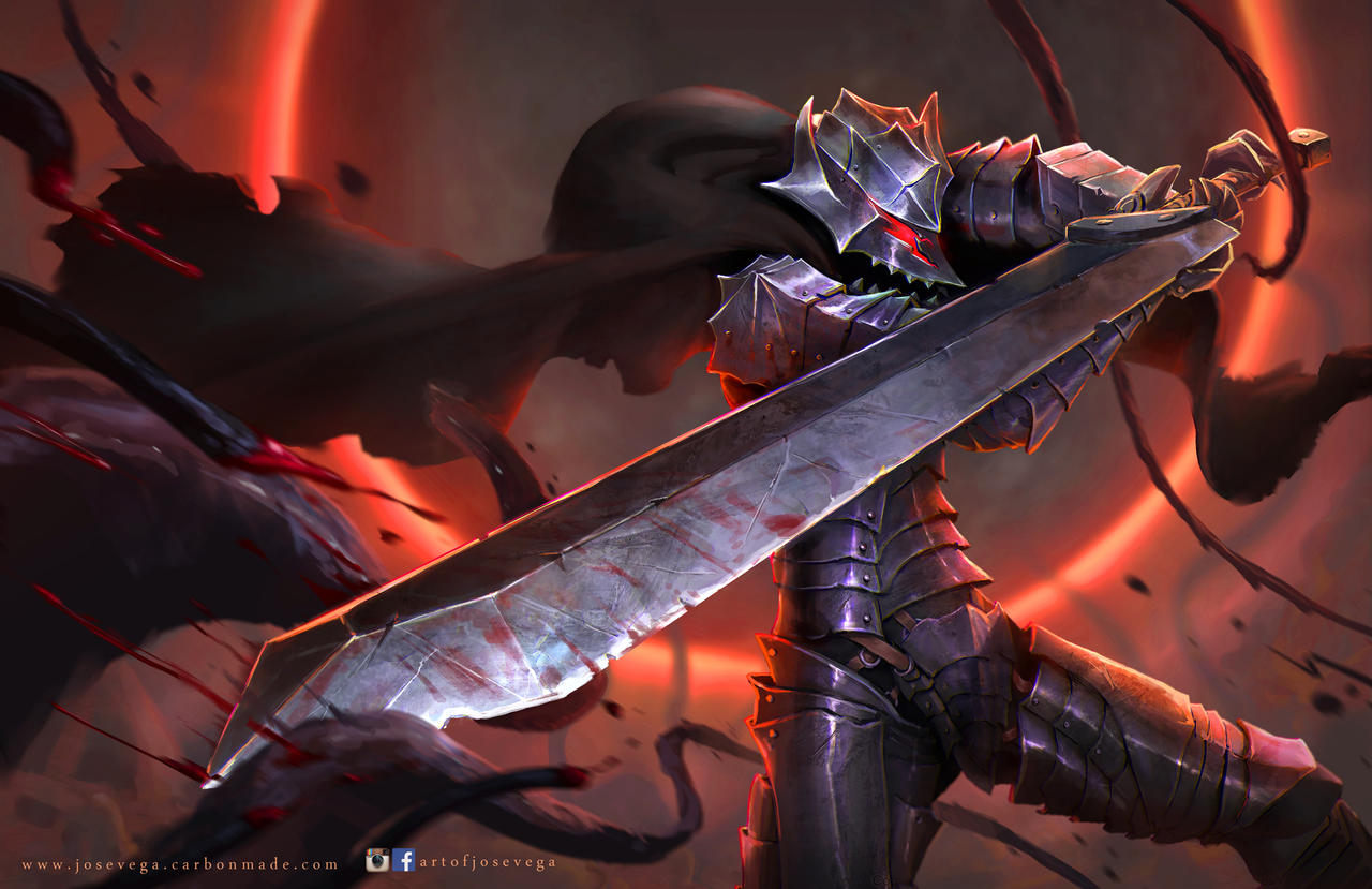 1boy armor artist_name berserk berserker_armor black_cloak blood blood_on_weapon cloak dragonslayer_(sword) eclipse facebook_username glowing glowing_eyes greatsword guts_(berserk) instagram_username jose_vega male_focus solo standing sword weapon web_address