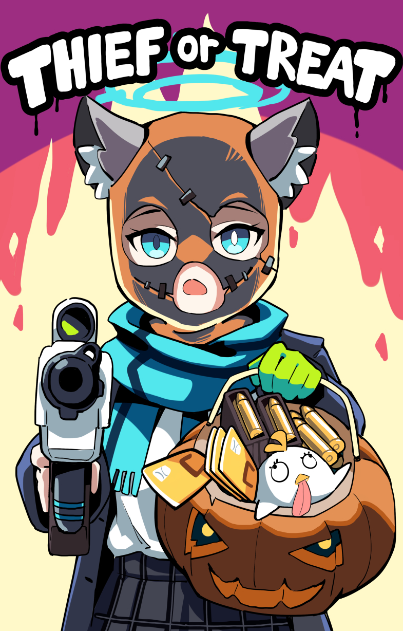 1girl aiming_at_viewer animal_ear_fluff animal_ears assault_rifle blue_archive blue_eyes blue_scarf bullet cartridge credit_card english_text extra_ears gun halloween halloween_bucket halloween_costume halo highres hm_(hmongt) jack-o'-lantern mask mismatched_pupils peroro_(blue_archive) rifle scarf school_uniform scope shiroko_(blue_archive) sig_sauer_556 solo striped striped_scarf stuffed_animal stuffed_bird stuffed_toy trick_or_treat weapon wolf_ears