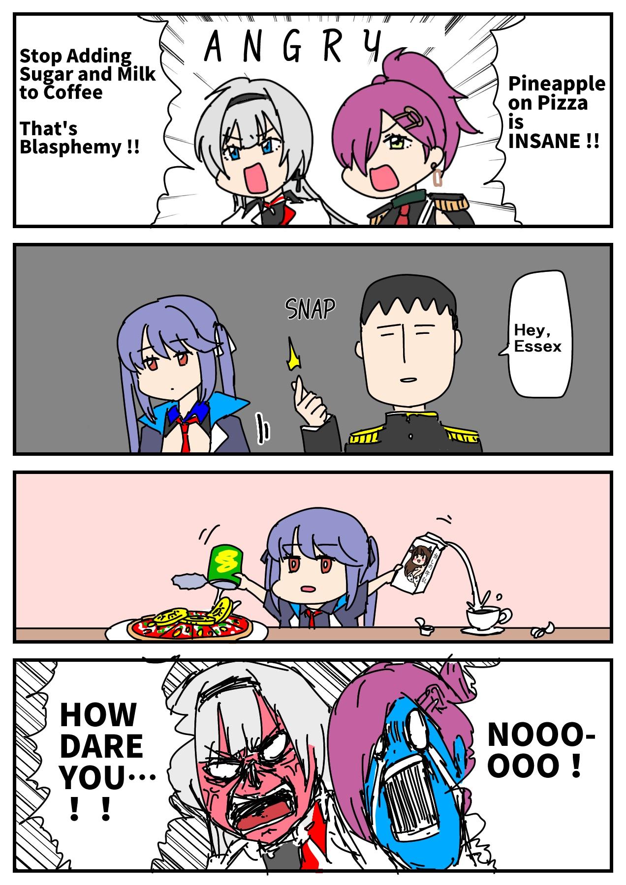 1boy 3girls 4koma angry azur_lane bad_link black_hair blue_eyes can coffee comic cup english_text essex_(azur_lane) food fruit highres kashino_(azur_lane) lemon mainz_(azur_lane) milk multiple_girls open_mouth pineapple pink_hair pizza purple_hair tabataba_no_ki teacup trieste_(azur_lane) white_hair