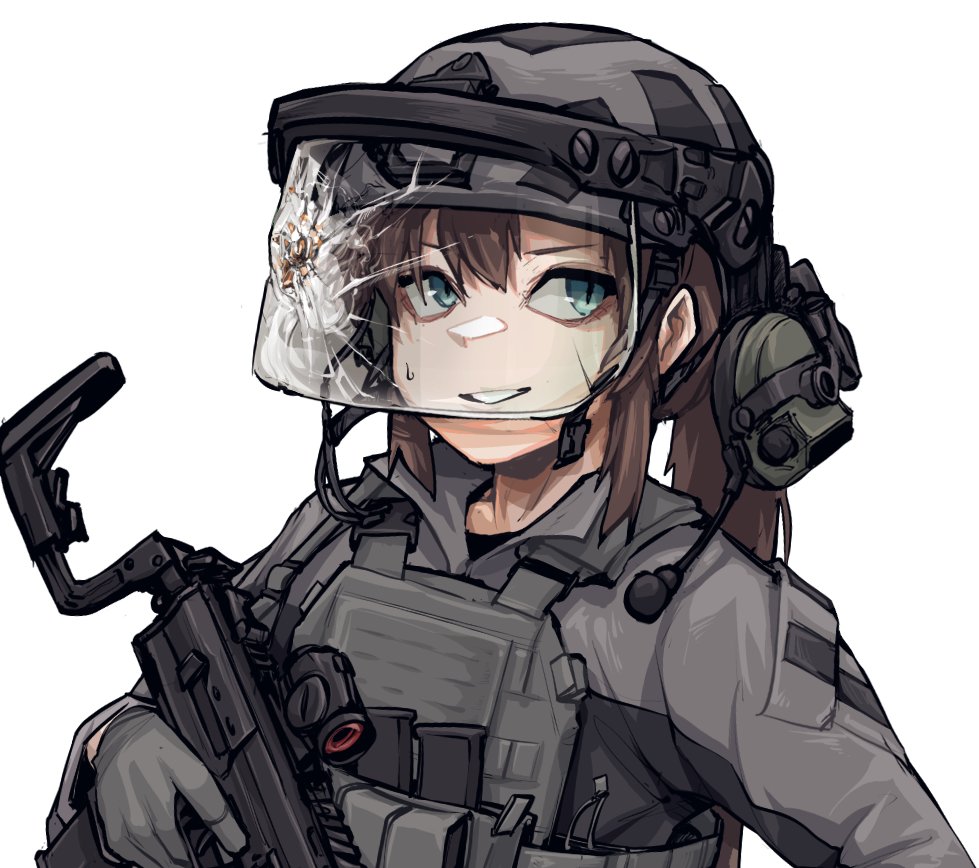 1girl armor blue_eyes brown_hair bulletproof_vest ear_piercing earmuffs earphones epakim gloves gun h&amp;k_mp7 hair_between_eyes helmet holding holding_gun holding_weapon magazine_(weapon) microphone original piercing plate_carrier pony solo submachine_gun sweatdrop visor_(armor) weapon