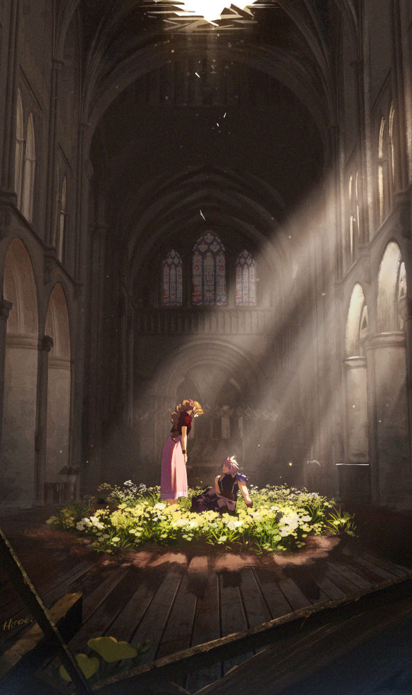 1boy 1girl aerith_gainsborough architecture armor bangle blonde_hair bracelet braid braided_ponytail brown_hair church cloud_strife dress fantasy final_fantasy final_fantasy_vii final_fantasy_vii_remake flower flower_bed from_side hinoe_(dd_works) indoors jacket jewelry leaf light_rays long_dress long_hair looking_at_another looking_down looking_up pink_dress red_jacket short_hair shoulder_armor sitting sleeveless sleeveless_turtleneck spiky_hair standing sunbeam sunlight suspenders turtleneck wide_shot window wooden_floor