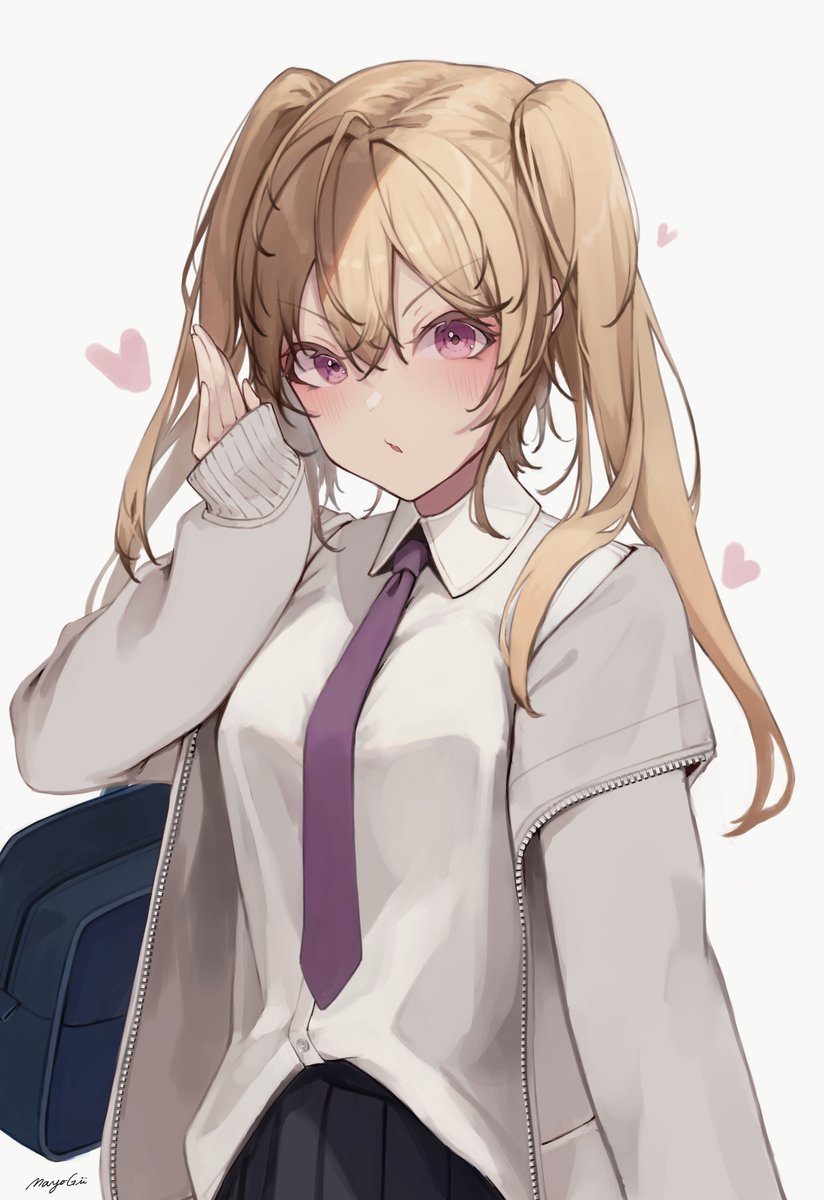 1girl bag bangs black_skirt blonde_hair blush breasts closed_mouth collared_shirt commentary_request grey_background grey_jacket hair_between_eyes hand_up heart highres jacket long_hair long_sleeves looking_at_viewer mayogii medium_breasts necktie off_shoulder open_clothes open_jacket original pleated_skirt purple_necktie school_bag school_uniform shirt simple_background skirt sleeves_past_wrists solo twintails violet_eyes white_shirt