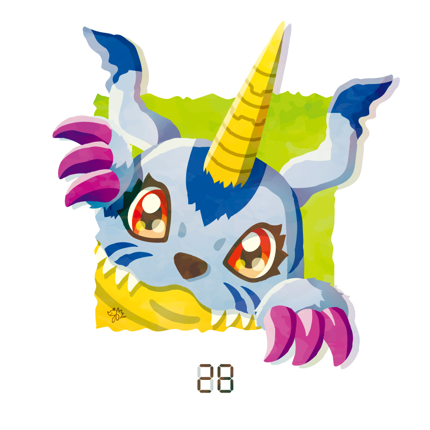 digimon digimon_(creature) gabumon horns looking_at_viewer no_humans numbered red_eyes sharp_teeth single_horn solo teeth white_background yam_retsu