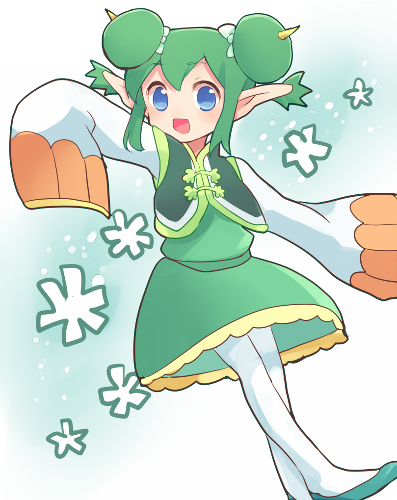 1girl bangs blue_eyes double_bun dress green_dress green_footwear green_hair hair_between_eyes hair_bun horns lidelle_(puyopuyo) looking_at_viewer open_mouth pointy_ears puyopuyo shoes sleeves_past_wrists smile white_background white_sleeves xox_xxxxxx
