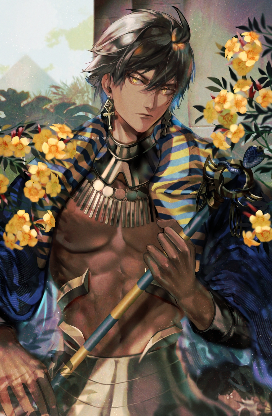 1boy :| abs ahoge alternate_costume bangs blue_cape brown_hair cape closed_mouth commentary dark-skinned_male dark_skin earrings egyptian egyptian_clothes expressionless fate/grand_order fate/prototype fate/prototype:_fragments_of_blue_and_silver fate_(series) flower gold hair_between_eyes highres holding holding_staff holding_weapon jewelry light_particles long_sleeves looking_at_viewer male_focus nipples ozymandias_(fate) pharaoh pyramid_(structure) sakura_hitsuji shiny shiny_hair short_hair smile solo staff striped toned toned_male topless_male twitter_username upper_body weapon yellow_eyes yellow_flower