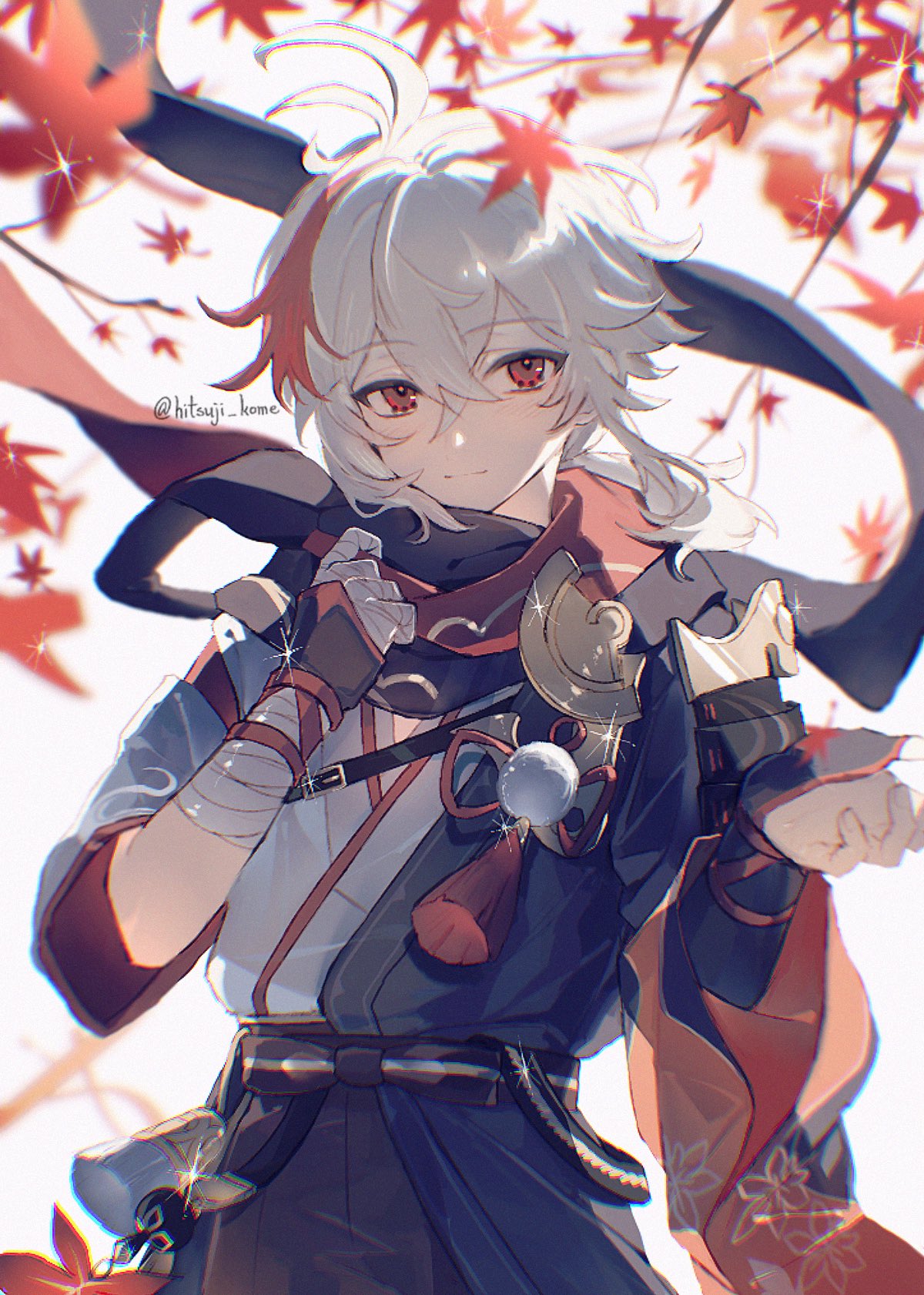 1boy 329kome ahoge armor artist_name autumn_leaves bandaged_arm bandages bangs belt black_belt black_bow black_shirt bow branch closed_mouth commentary_request crossed_bangs genshin_impact gold grey_hair grey_shirt hair_between_eyes hand_up highres kaedehara_kazuha leaf leaf_print long_sleeves looking_to_the_side male_focus multicolored_hair pom_pom_(clothes) red_bow red_eyes red_scarf redhead scarf shirt short_hair short_sleeves sidelocks simple_background single_strap smile solo sparkle standing striped striped_bow tree two-tone_hair two-tone_shirt white_background