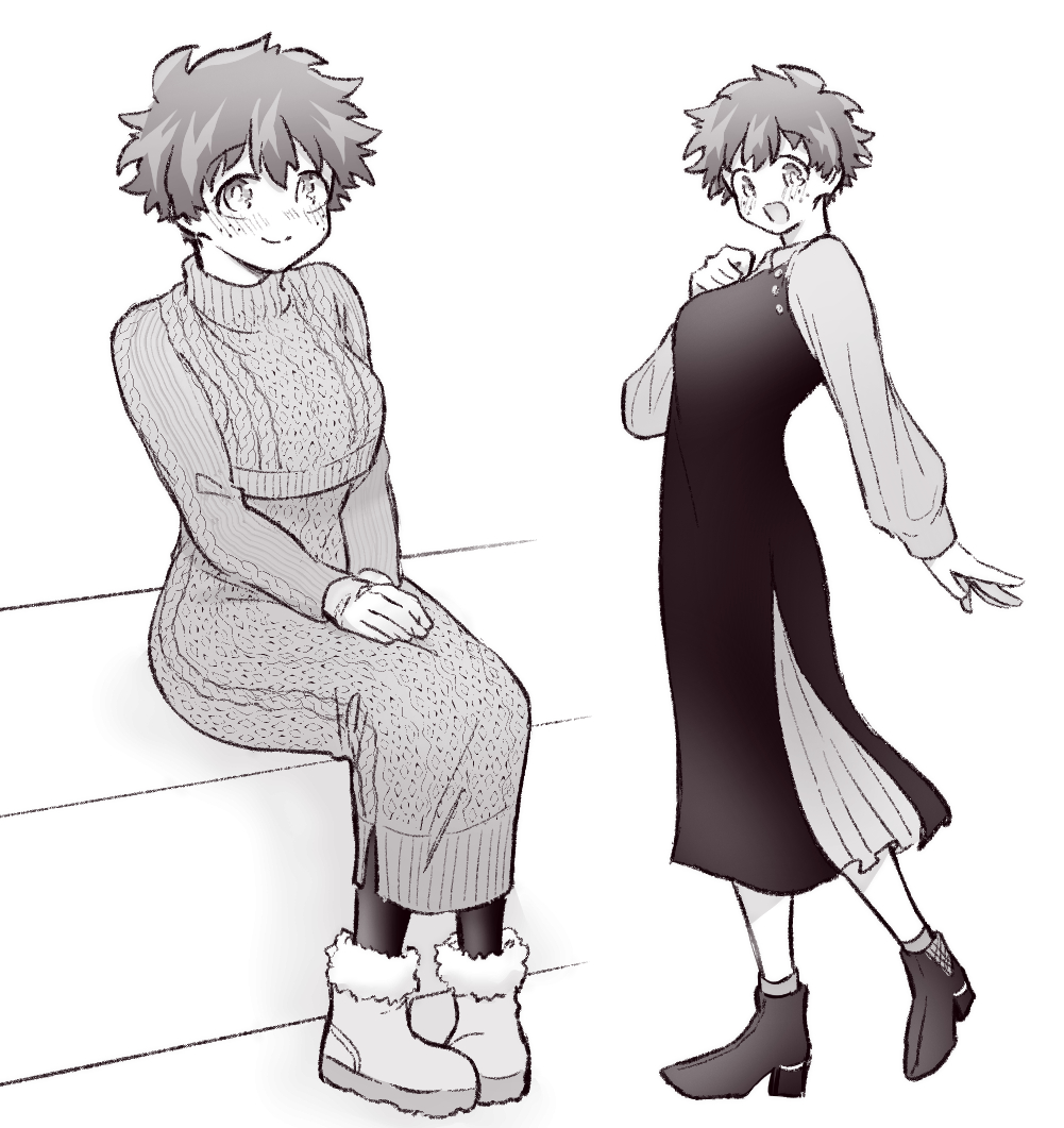 1girl blush boku_no_hero_academia boots breasts closed_mouth commentary_request dress freckles genderswap genderswap_(mtf) greyscale high_heels long_dress long_sleeves looking_at_viewer midoriya_izuku monochrome multiple_views open_mouth short_hair simple_background sitting smile sorayuu_810 standing sweater sweater_dress turtleneck white_background