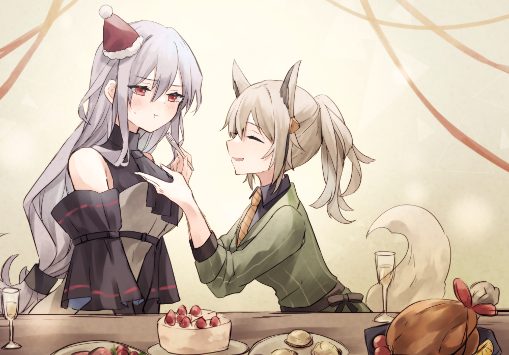 2girls :t arknights ascot bangs bare_shoulders black_ascot boned_meat breasts cake champagne_flute closed_eyes closed_mouth cup detached_sleeves dress drinking_glass eating feeding food from_side gradient gradient_background grani_(arknights) green_dress grey_hair hat horse_tail large_breasts leaning_forward long_hair long_sleeves low_ponytail meat multiple_girls necktie parted_lips plate ponytail profile red_headwear saiko_(saisaka) santa_hat sidelocks skadi_(arknights) tail upper_body v-shaped_eyebrows very_long_hair wing_collar yellow_background yellow_necktie