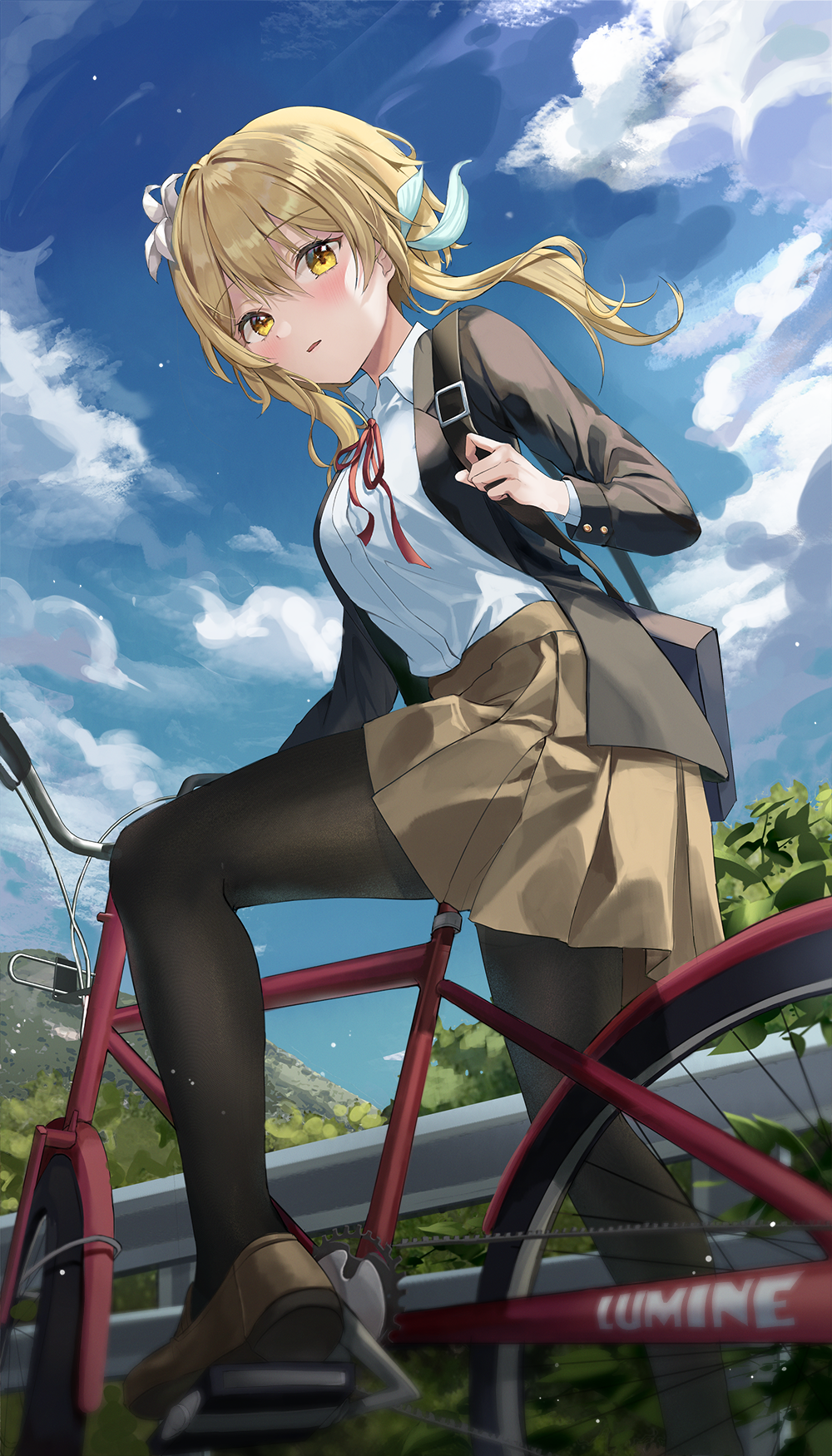 1girl alternate_costume bag bicycle black_bag black_jacket black_pantyhose blazer blue_sky blurry blurry_foreground brown_footwear brown_skirt character_name chie_(user_snfh8333) clouds collared_shirt feather_hair_ornament feathers flower from_below genshin_impact ground_vehicle hair_between_eyes hair_flower hair_ornament highres jacket looking_at_viewer lumine_(genshin_impact) mountain neck_ribbon open_clothes open_jacket open_mouth pantyhose railing red_ribbon ribbon school_uniform shirt short_hair_with_long_locks shoulder_bag skirt sky solo tree white_flower white_shirt yellow_eyes