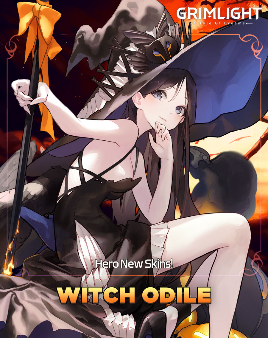 1girl bangs black_dress black_hair black_headwear blue_eyes bow dress english_commentary grimlight hat long_hair looking_at_viewer odile_(grimlight) official_art orange_bow parted_bangs sitting sleeveless sleeveless_dress smile solo staff witch witch_hat