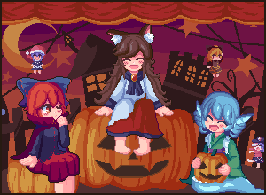 6+girls ;) animal_ears black_headwear black_shirt black_skirt blonde_hair brown_dress brown_hair cabbie_hat cloak closed_eyes closed_mouth crescent_moon curtains doremy_sweet dress fang full_body grass_root_youkai_network green_kimono halloween hat imaizumi_kagerou jack-o'-lantern japanese_clothes jiangshi k-kzk0221 kimono kurodani_yamame long_hair long_sleeves looking_at_another mermaid miyako_yoshika monster_girl moon multiple_girls nightcap ofuda one_eye_closed open_mouth outdoors outstretched_arms pixel_art pumpkin purple_hair red_dress red_eyes red_headwear red_shirt red_skirt sekibanki shirt silk skirt smile spider_web star_(symbol) touhou two-tone_dress wakasagihime white_dress wolf_ears wolf_girl zombie_pose