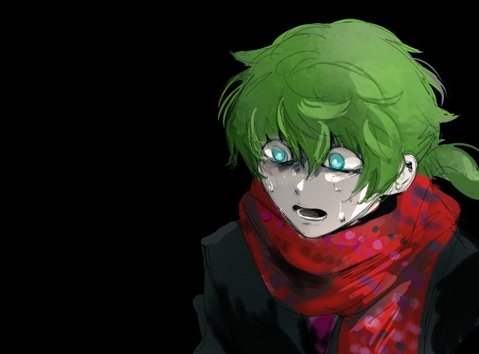 1boy aqua_eyes bad_id bad_twitter_id bangs black_background black_jacket colored_skin geongjung2 green_hair hair_between_eyes jacket kimi_ga_shine low_ponytail male_focus messy_hair midori_(kimi_ga_shine) open_mouth portrait red_scarf scared scarf short_hair simple_background solo sweat white_skin wide-eyed