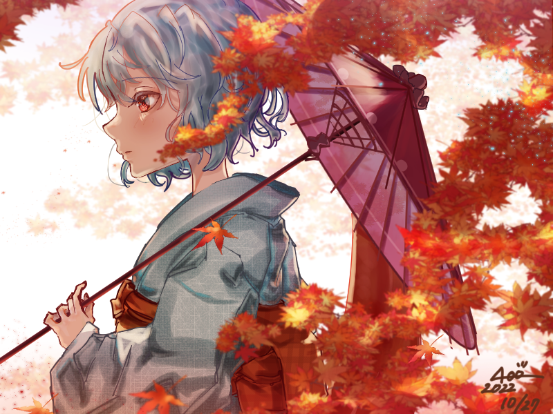 1girl alternate_costume autumn_leaves bad_anatomy bangs blue_hair blue_kimono dated from_side holding holding_umbrella japanese_clothes karumera kimono long_sleeves oil-paper_umbrella open_mouth red_eyes red_umbrella short_hair signature solo tatara_kogasa touhou umbrella upper_body white_background