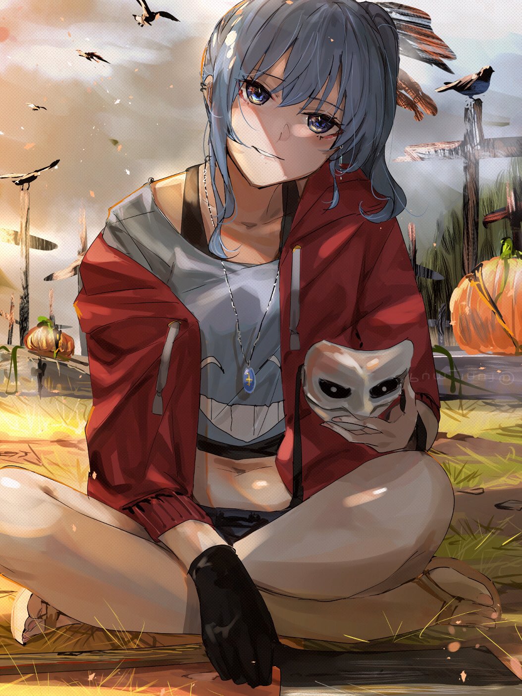 1girl bird blue_eyes commentary_request cross crow ear_piercing flip-flops funi_mu9 gloves head_tilt highres holding holding_mask hololive hood hooded_jacket hoshimachi_suisei indian_style jacket jewelry mask midriff navel necklace pendant piercing pumpkin red_jacket sandals side_ponytail single_glove sitting sky smile solo sunlight virtual_youtuber