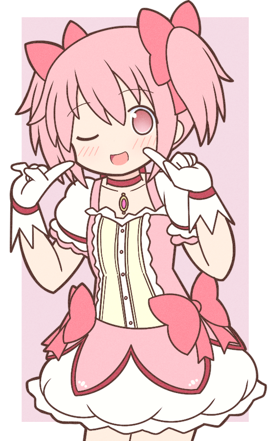 1girl blush bow choker collarbone gloves hair_bow kaname_madoka mahou_shoujo_madoka_magica one_eye_closed open_mouth pink_bow pink_eyes pink_hair pointing pointing_at_self short_hair short_twintails smile solo twintails white_gloves yuno385