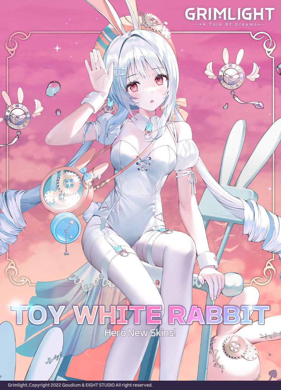 1girl animal_ears bag bangs beret blue_hair chair clock detached_collar detached_sleeves drill_hair english_commentary grimlight hair_ornament hairclip hat highres leotard light_blue_hair long_hair official_art open_mouth pantyhose pink_eyes rabbit_ears rabbit_girl shoulder_bag sitting solo twin_drills white_leotard white_pantyhose white_rabbit_(grimlight) wrist_cuffs