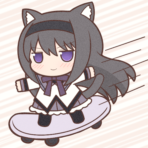 1girl akemi_homura animal_ears black_hair black_hairband blush cat_ears cat_girl cat_tail chibi closed_mouth hairband long_hair long_sleeves looking_at_viewer lowres mahou_shoujo_madoka_magica outstretched_arms skateboard skirt smile solo speed_lines spread_arms standing tail violet_eyes yuno385