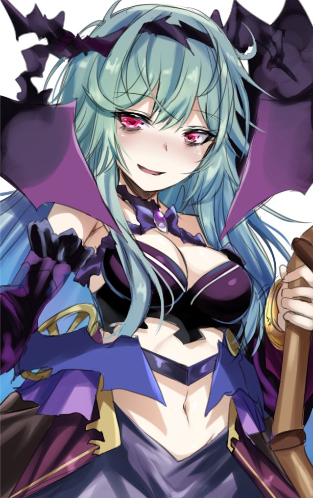 1girl blue_hair blush breasts cannon chaos_aurora grimms_notes holding holding_weapon long_hair looking_at_viewer midriff navel open_mouth red_eyes shimo_(depthbomb) smile solo upper_body weapon white_background