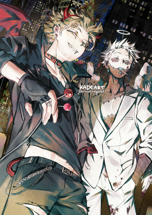 2boys angel_wings animal_collar artist_name black_gloves black_jacket boku_no_hero_academia candy chain collar dabi_(boku_no_hero_academia) demon_tail earrings english_commentary fake_halo fake_horns fake_tail feathered_wings fingerless_gloves food gloves grin halloween halloween_costume hands_in_pockets hawks_(boku_no_hero_academia) holding holding_candy holding_food holding_lollipop horns jacket jewelry kadeart lollipop looking_at_viewer multiple_boys multiple_scars pants red_collar scar scar_on_arm scar_on_face smile stapled stitched_face stitched_neck stitches stud_earrings tail white_jacket white_pants white_wings wings