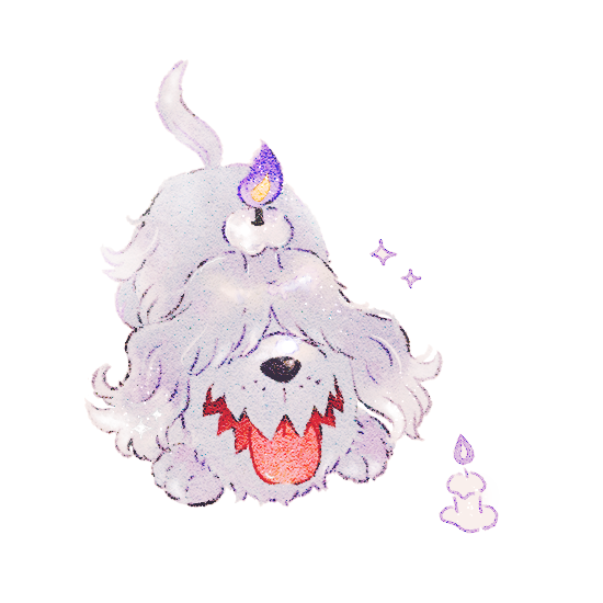 animal_focus candle commentary_request dog fire flame greavard no_humans open_mouth pokemon pokemon_(creature) purple_fire ryokuno_green simple_background sparkle tongue white_background