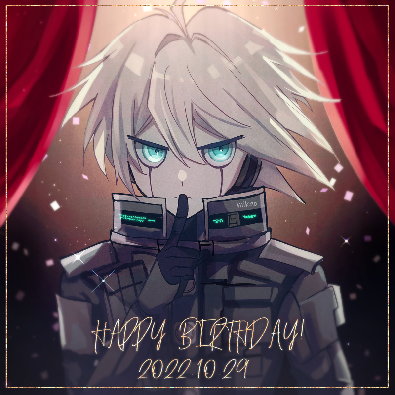 1boy ahoge artist_name bangs closed_mouth curtains danganronpa_(series) danganronpa_v3:_killing_harmony dated frown green_eyes grey_hair hair_between_eyes hand_up happy_birthday index_finger_raised keebo mikao_(eanv5385) multicolored_background power_armor shiny shiny_hair solo upper_body