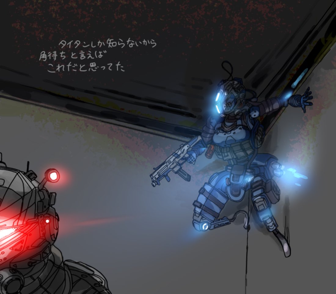 1girl assault_visor breasts cable glowing grey_scarf gun helmet holding holding_gun holding_weapon humanoid_robot kotone_a medium_breasts pilot_(titanfall_2) pulse_blade_pilot_(titanfall_2) r-97_smg scarf solo_focus stim_pilot_(titanfall_2) submachine_gun thrusters titanfall_(series) titanfall_2 translation_request weapon